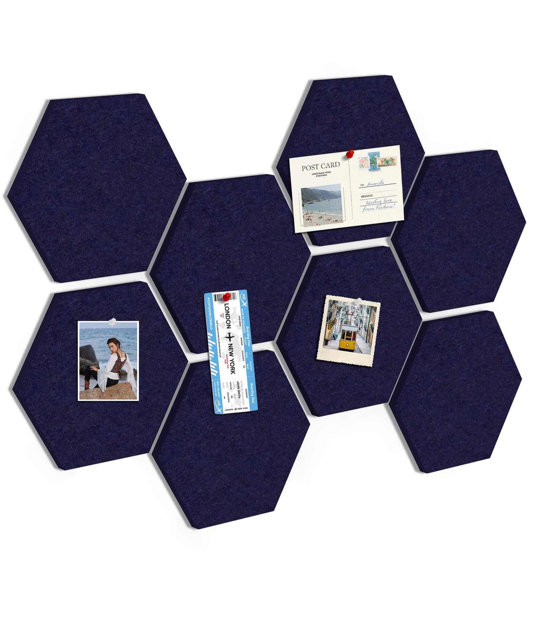 Toptople Large Hexagon Cork Board for Office, 8-Pack Felt Pin Board Tiles for Walls, Bulletin Notice Board with Push Pins for Photos, Navy Blue