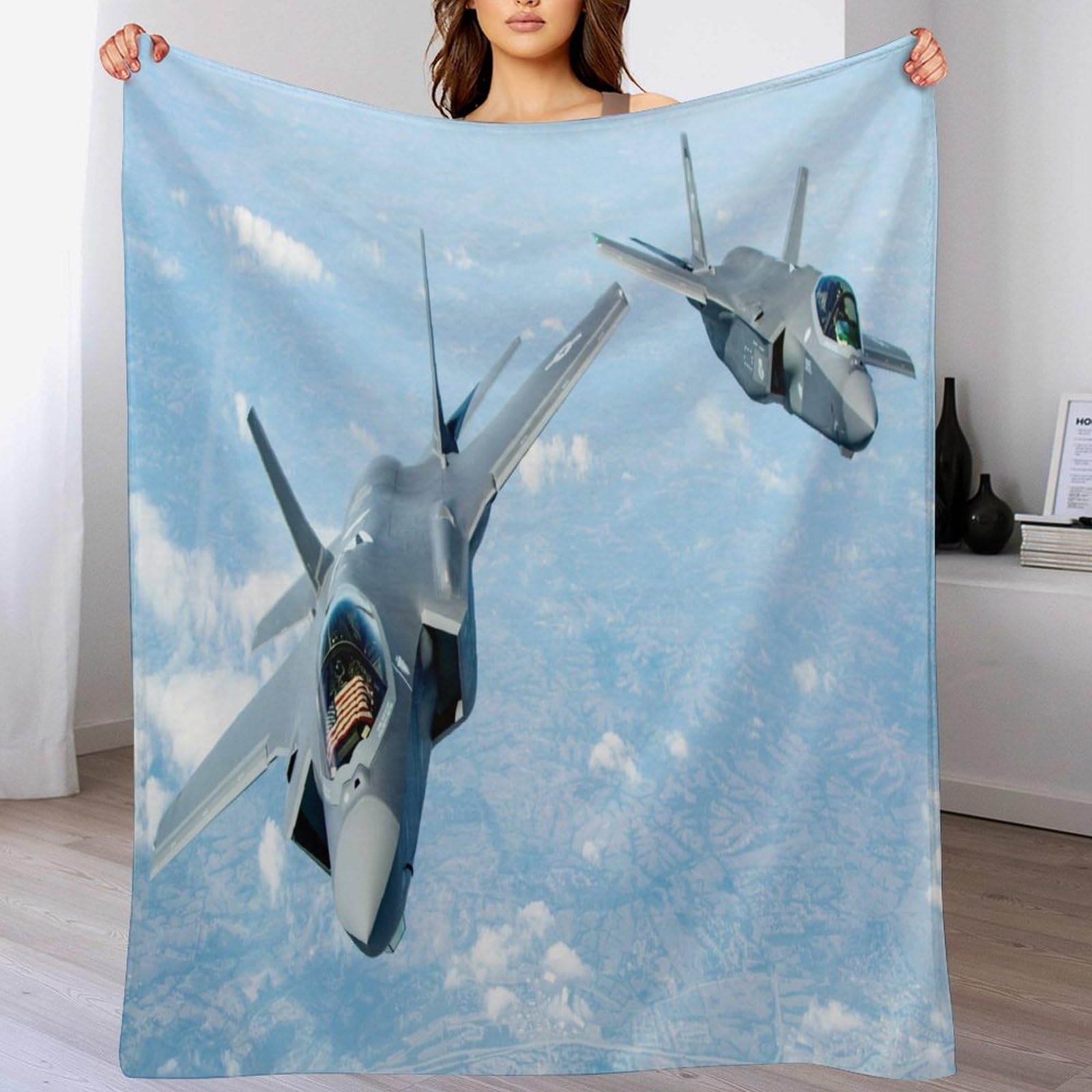 wlsgdsg Aircraft Throw Blanket, Children's Blue Sky Military Combat Aircraft Print Blanket for Couch Sofa Bed Decorative Gifts 60x80
