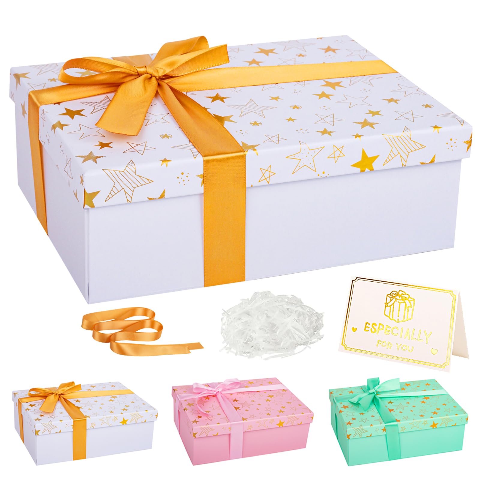 Luxury Star White Gift Box with Lid 25x18x9cm Medium/Large Gift Boxes for Presents, Cardboard Empty Gift Box Birthday Christmas Valentines Bridal Present Box with Ribbon for Girls Her