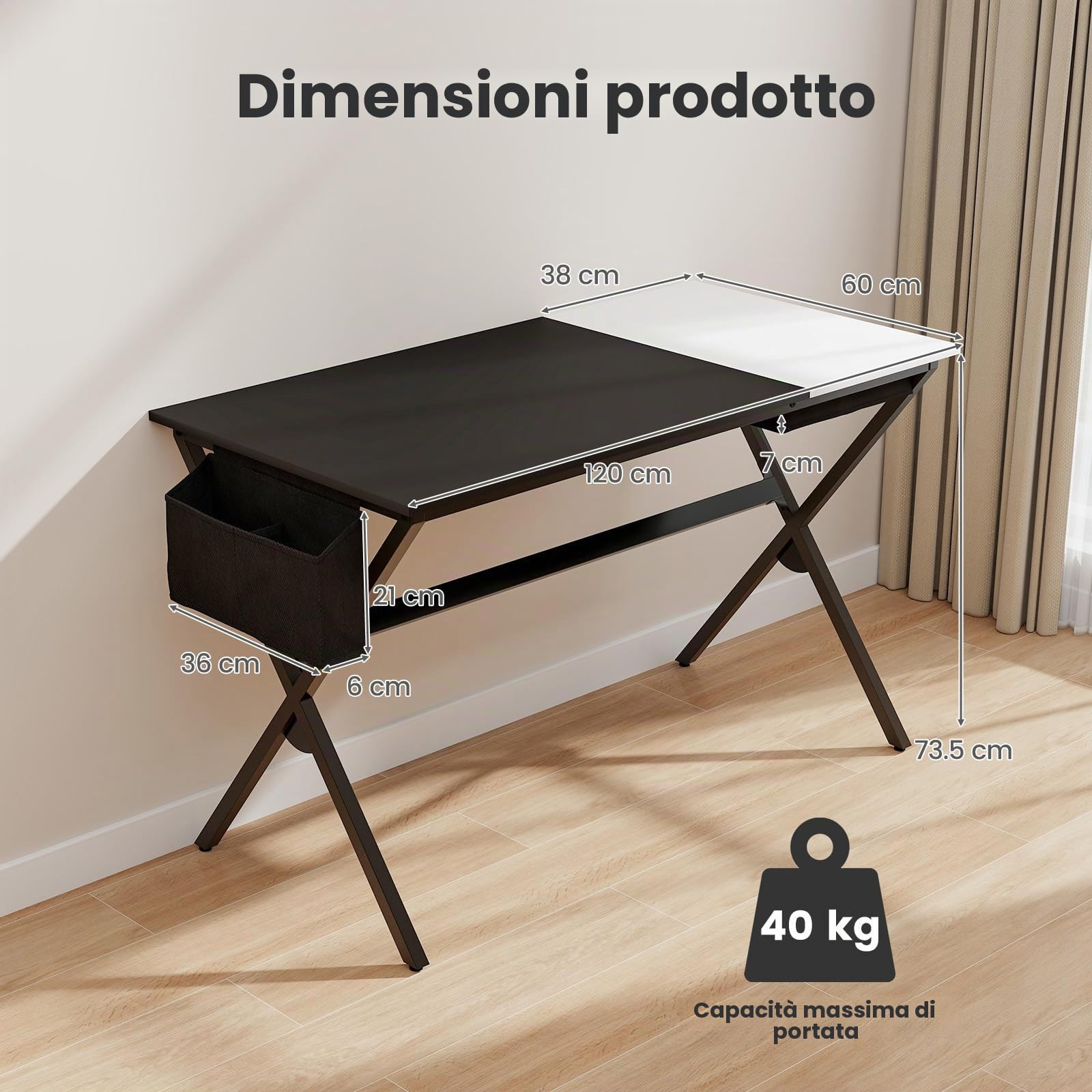 GIANTEX Scrivania per computer con portaoggetti pieghevole | Tavolo da scrittura con borsa portaoggetti laterale, postazione di lavoro in telaio metallico, 120 x 60 x 73,5 cm