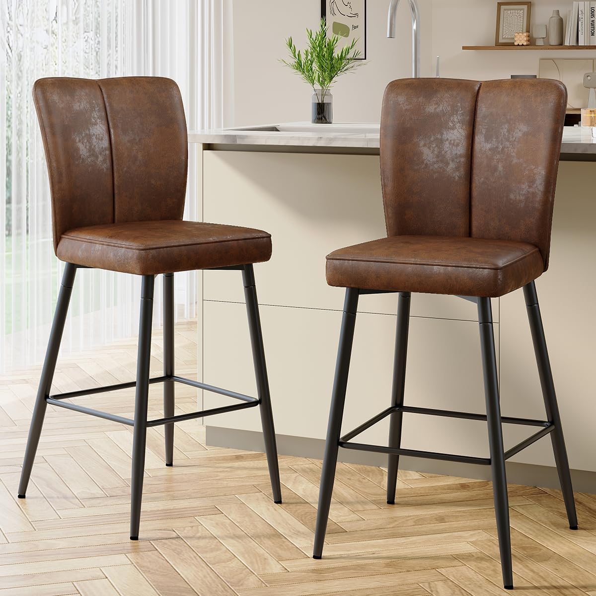 Bar Stools Set of 2,Brown Counter Height Bar Stools Set of 2,26.6" Faux Leather Kitchen Island Chairs with Back and Sturdy Footrest for Kitchen Island,Cafe,Pub,Dining Room,Hold Up to 350 LBS
