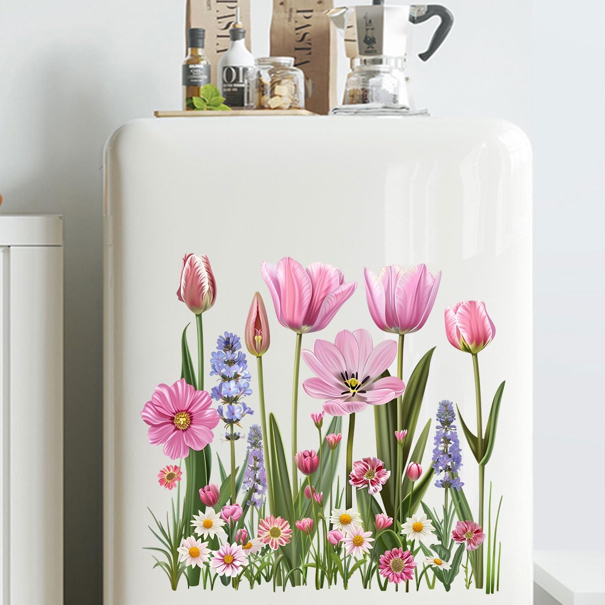 Pink Wildflower Toilet Lid Seat Cover Decal, Pinkish Tulip Floral Hyacinth Flower Bathroom Wall Sticker,Vinyl Removable Waterproof Wall Clings for Bathroom Bathtub Lavatory Washroom