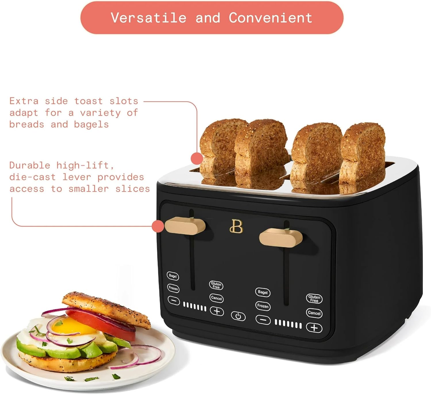 4 Slice Toaster with Touch Control Panel, 1800W Fast Heating, 7 Toast Shade Levels, Extra Wide Slots for Bagels, Removable Crumb Tray (Black Sesame)