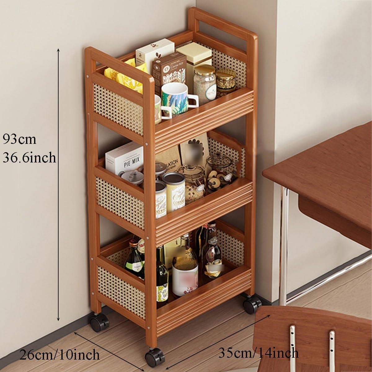 3 Tier Slim Rolling Storage Cart with Wheels Kitchen Utility Cart On Lockable Wheels Narrow Shelf Organizer with Handle for Kitchen Laundry Bathroom Pantry Office(A,35CM)
