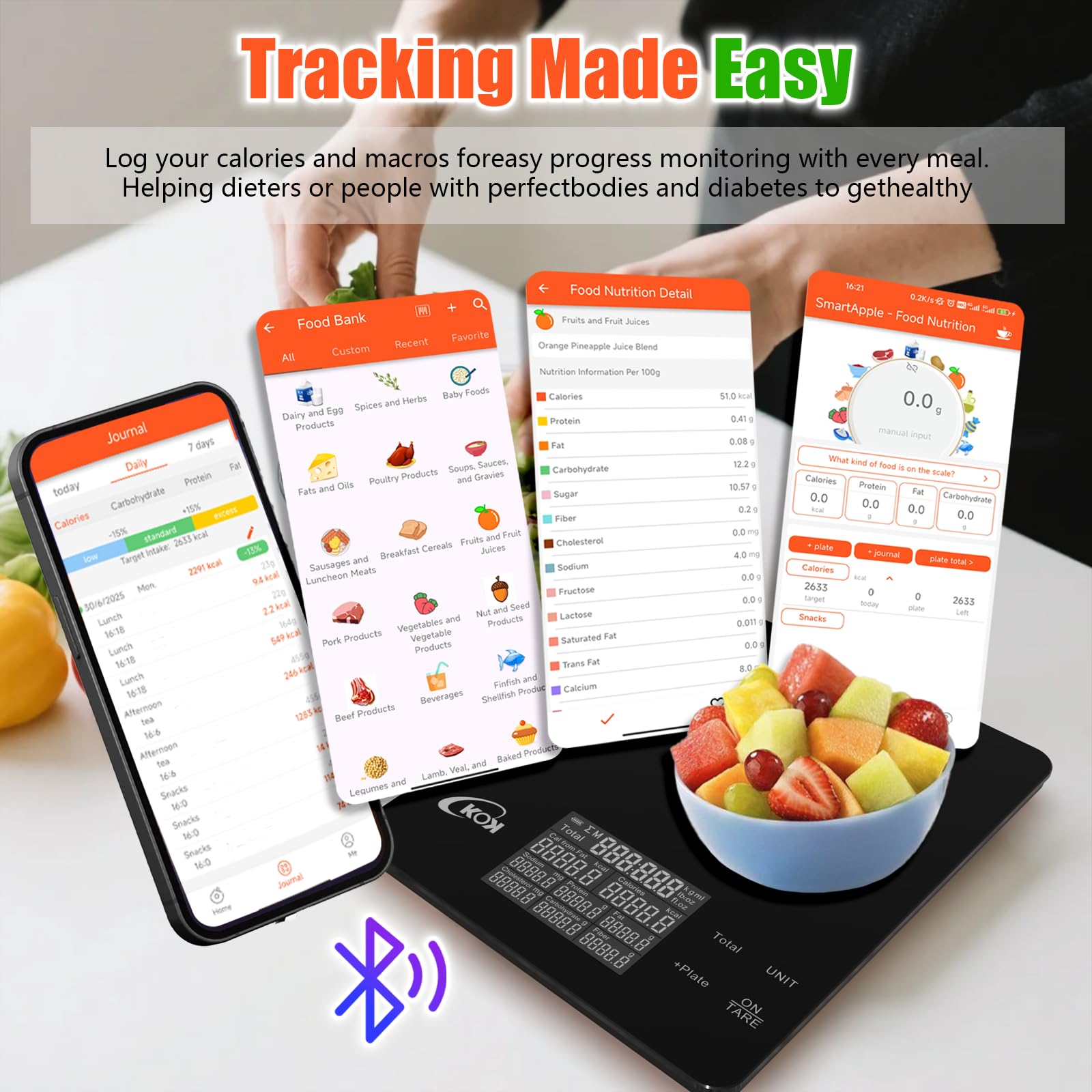 KOK Bilancia alimentare con calcolatrice nutrizionale, bilancia intelligente con app per monitorare carboidrati proteici per la perdita di peso, diabetici, cottura al forno e cheto, bilancia macro da