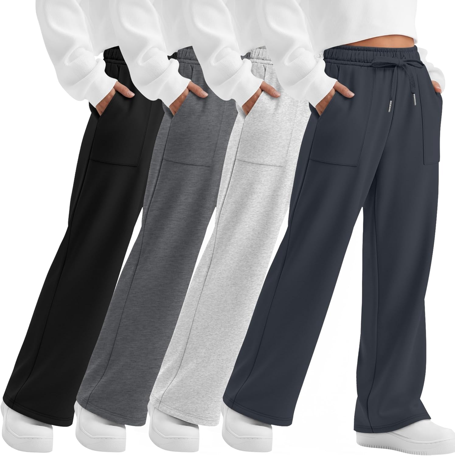 4 Pack Girls' Straight Leg Sweatpants, Kids Drawstring Casual Joggers Teen Loose Open Bottom Pants with Pockets