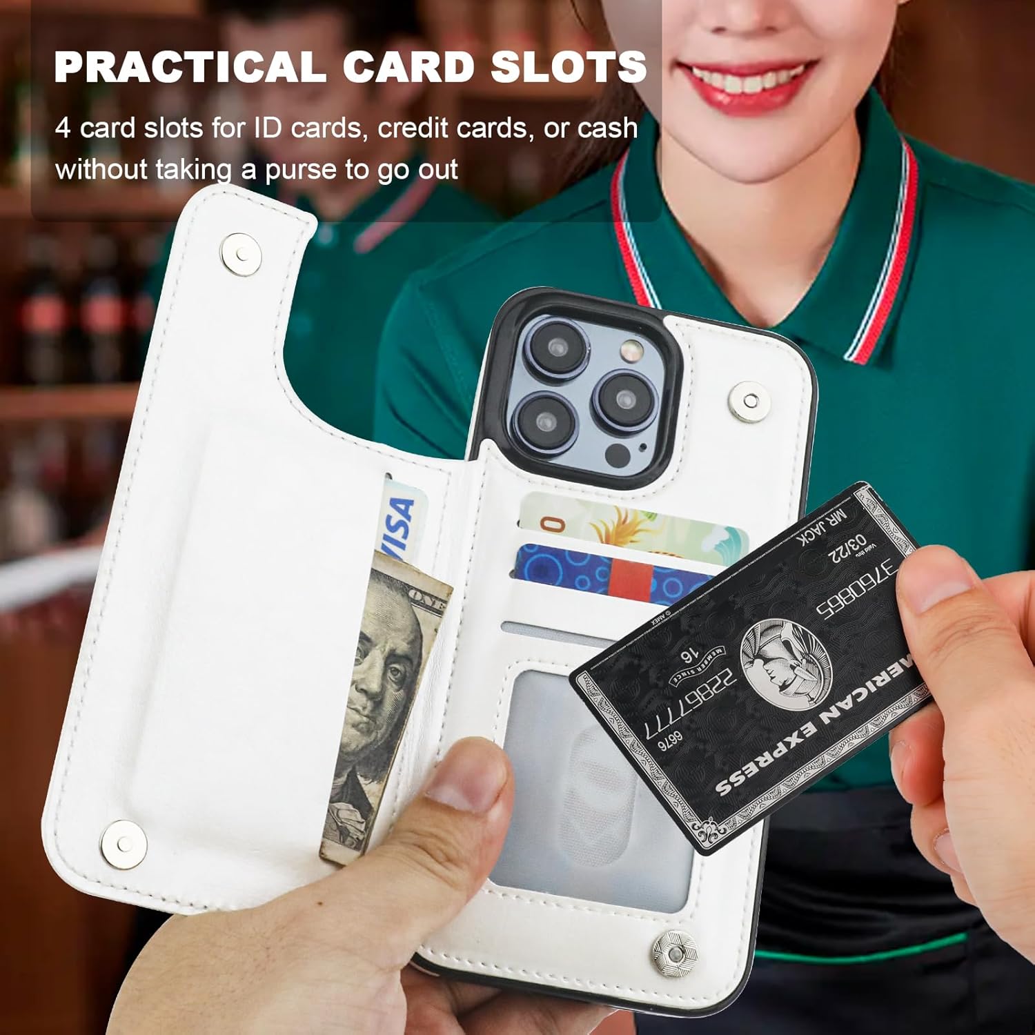 ONETOP for iPhone 15 Pro Max Wallet Case with Card Holder, 360° Rotation Ring Kickstand RFID Blocking PU Leather Double Magnetic Clasp Shockproof Cover for Women and Girls 6.7 Inch (White) - Image 3