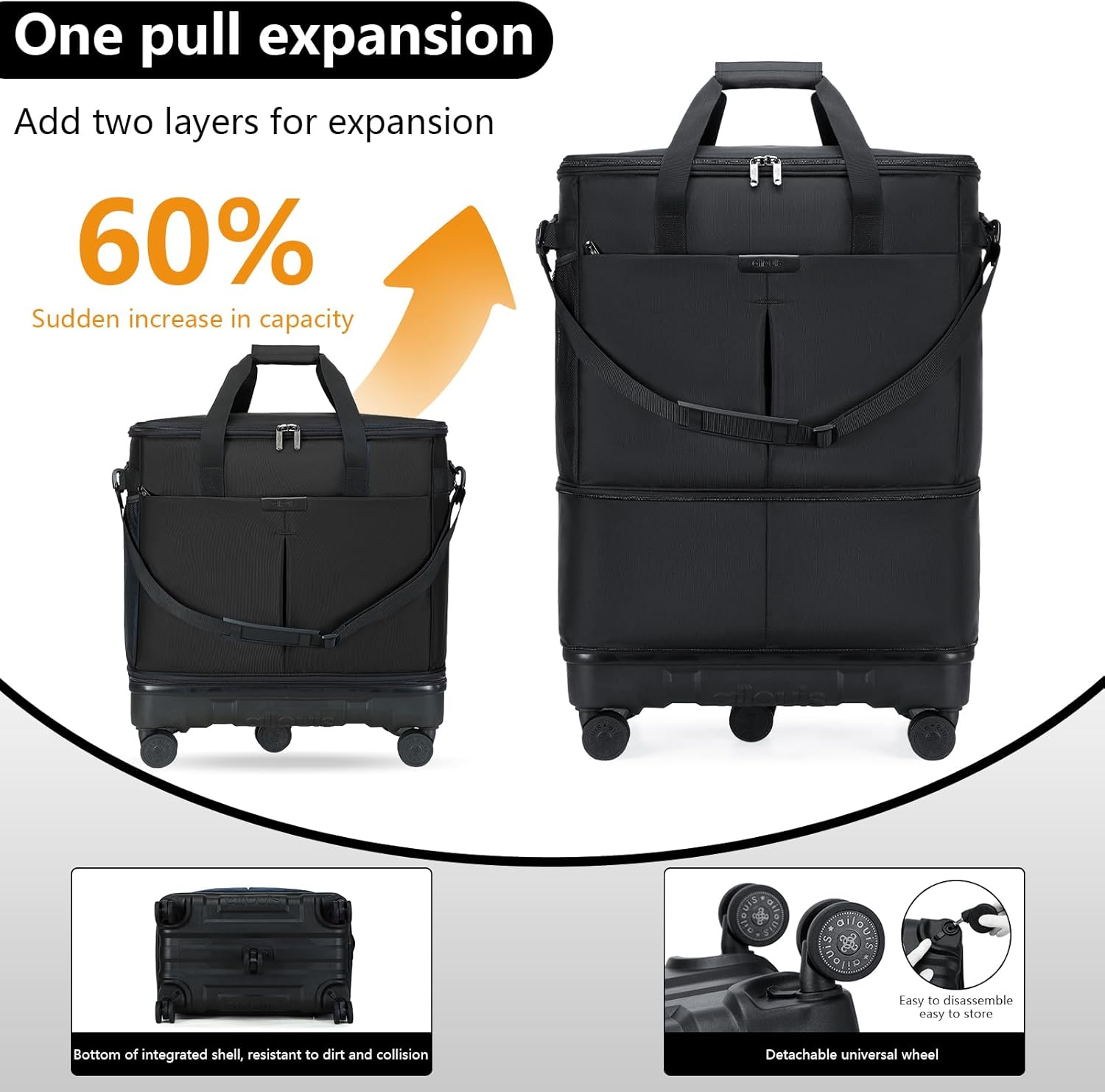 Large Capacity Rolling Duffle Bag with Detachable Wheels,Expandable Foldable Suitcase for Travel,Collapsible Luggage Duffel Overnight Weekend Bags without Telescoping Handle - Image 3