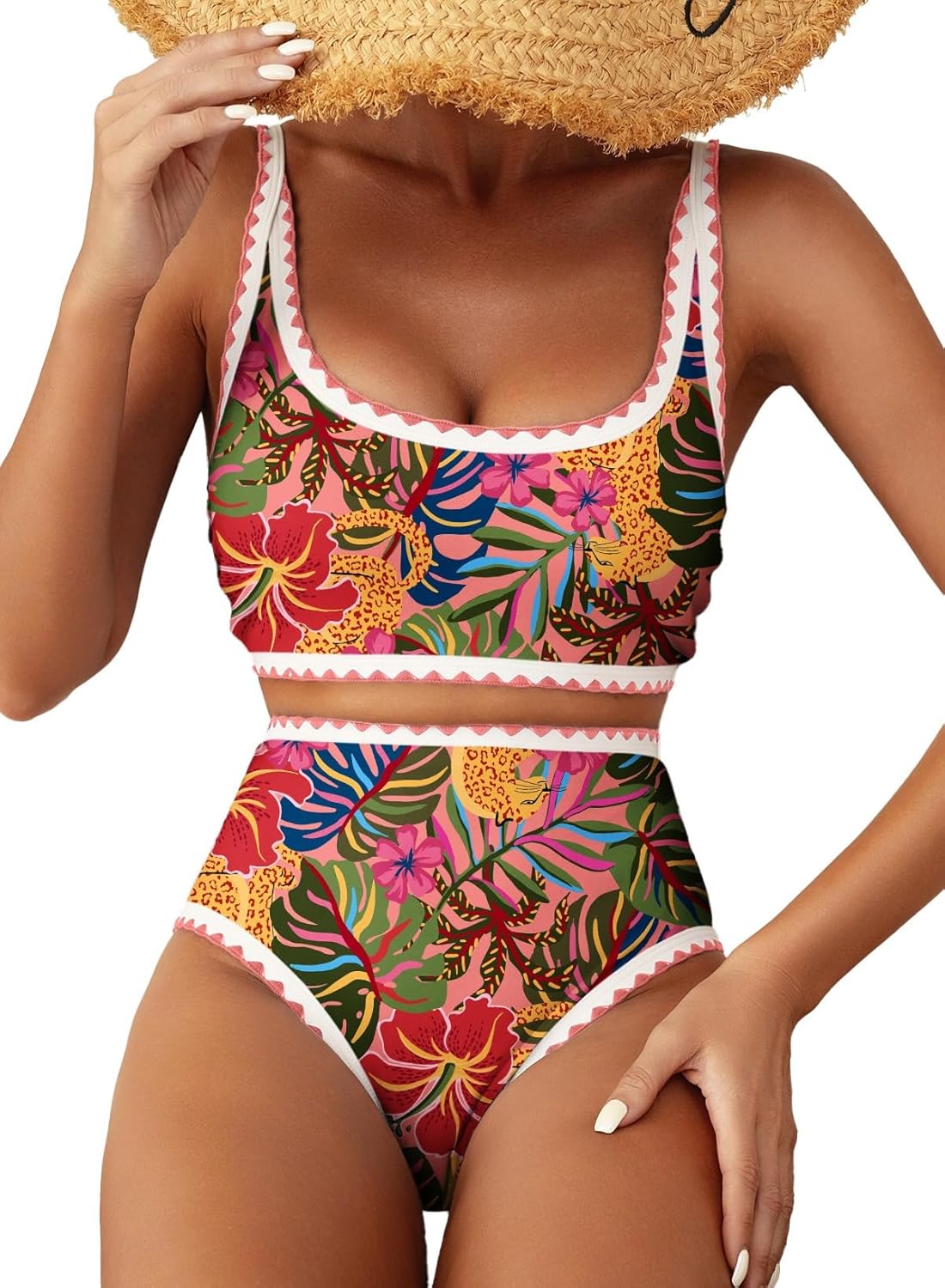 Herseas Women's Bikini Sets Floral Print Whip Stitch 2 Piece Swimsuits High Waisted Scoop Bathing Suits