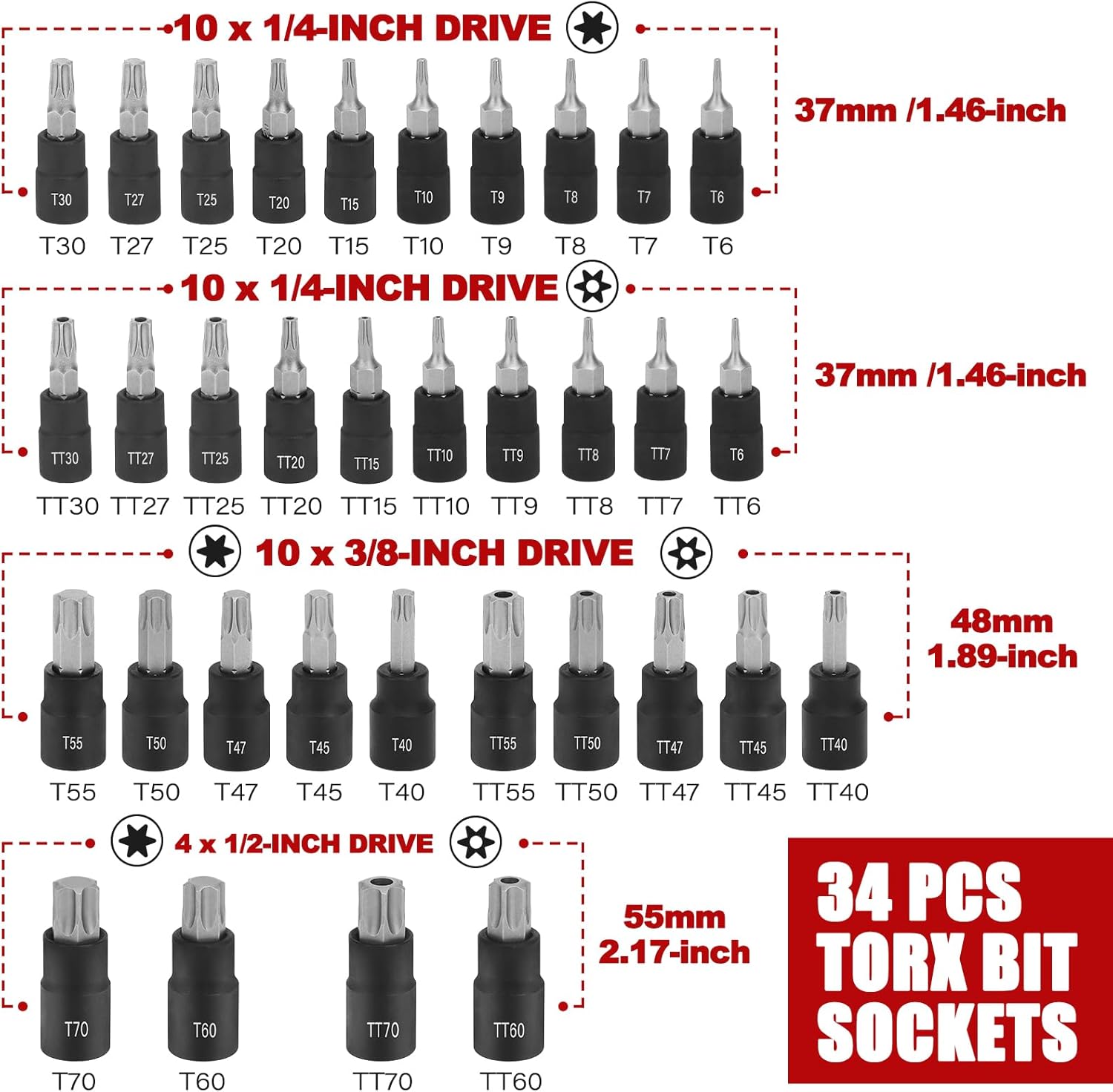 34-Piece Torx Bit Socket Set, 1/4", 3/8" and 1/2" Drive T6-T70 Solid Star Socket Set and Tamper Proof Torx Bit Socket Set,S2 Steel Bits and CR-V Sockets with Storage Case