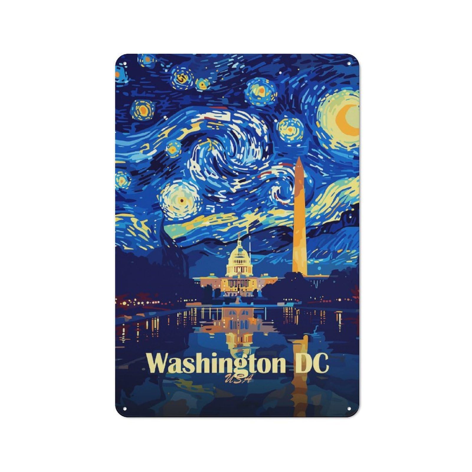 Junmoney Style-20 Washington Dc Starry Night Art Rustic Metal Sign 30X20cm For Pub Or Café, For Collectors Of Rustic Metal Wall Decor
