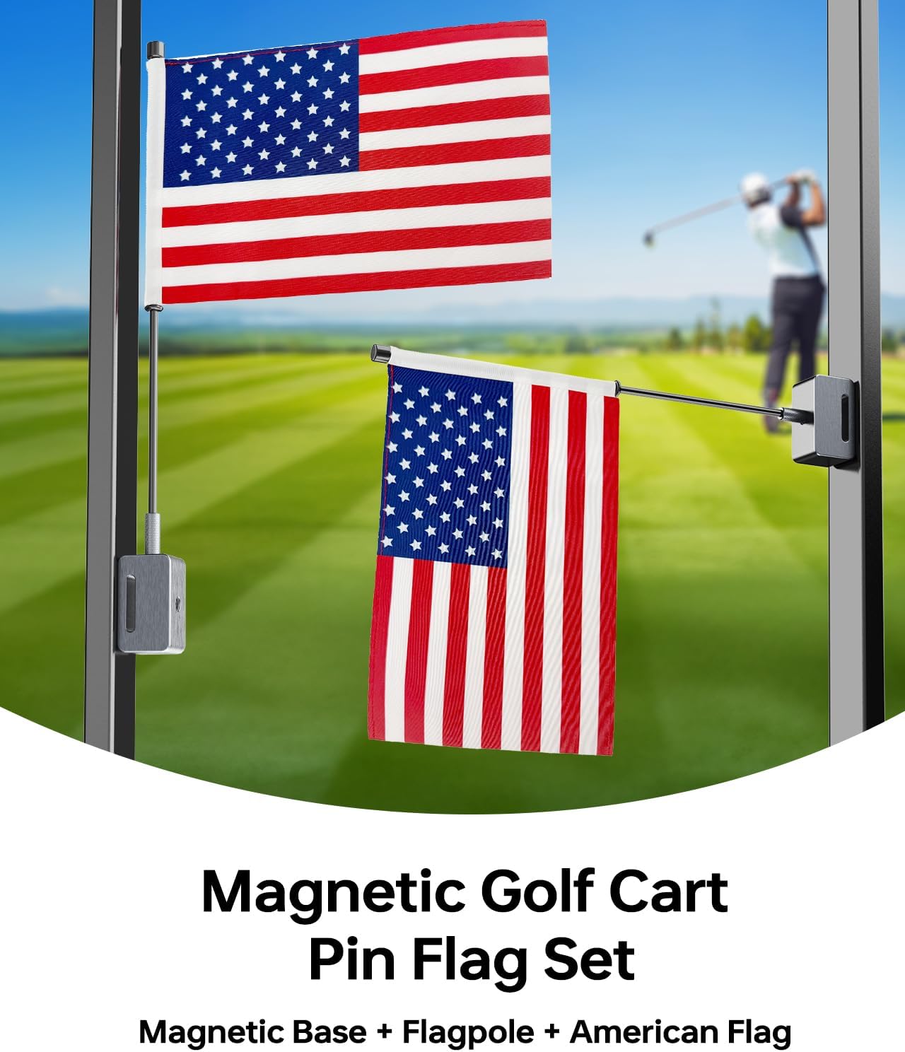 Magnetic Golf Cart Flag, Aluminum Alloy Base, 9 x 6" American Golf Flag with Dual Mounting Positions, Stable Installation Golf Pin Flag for Golf Carts, Golf Gifts