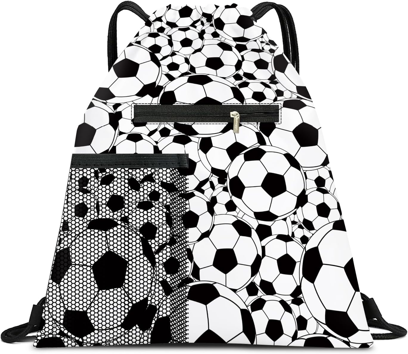 Drawstring Backpack Sports Gym Bag, Large String Swim Bag for Beach With Water Bottle Mesh Pocket, Cute Gym Sack with Zipper Pocket for Men Women Cute Football