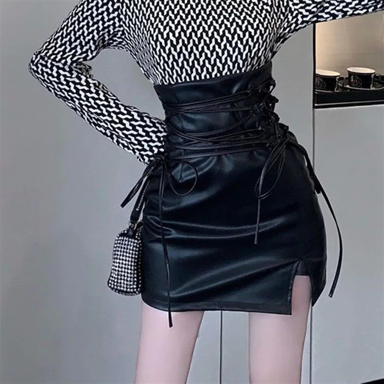 Skday Minigonna Pelle,Corta Gonna in Pelle Minigonne in Pelle Nera Gonna a Tubino con Lacci Aderente a Vita Alta da Donna Gonna Sexy con Cerniera sul Retro