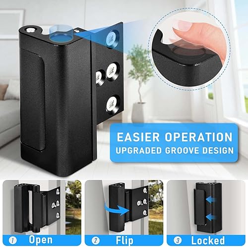 Miniatura 14 de Paquete de 3 cerraduras de refuerzo de puerta de seguridad para el hogar, a prueba de niños, cierre de seguridad para puerta interior, añade alta