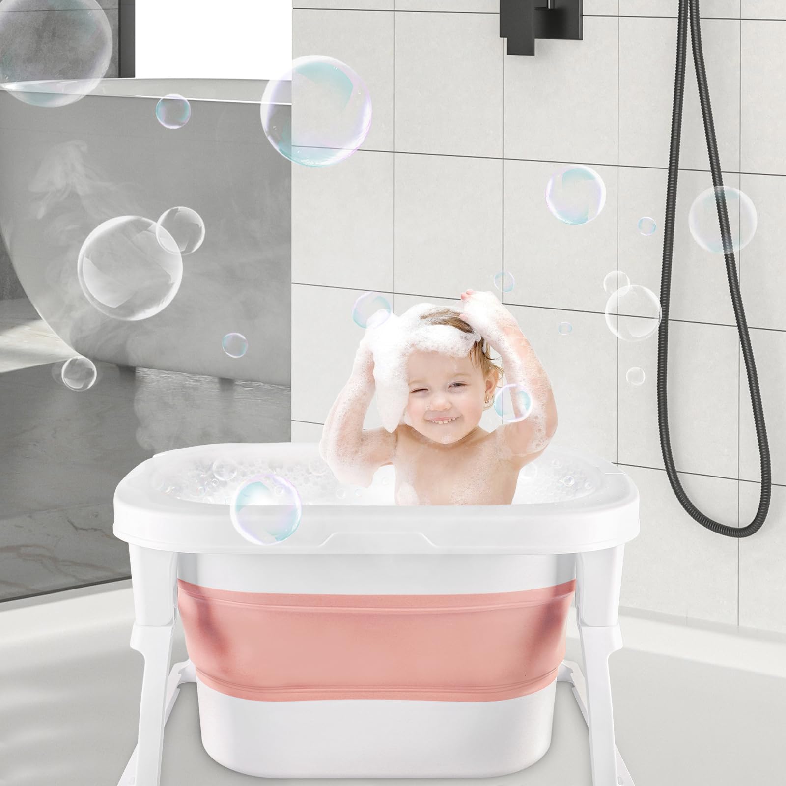 Approfondimento della vasca da bagno pieghevole con sgabello, portatile Baby Bathtub come articolo essenziale per neonati e neonati, per 0-24 mesi