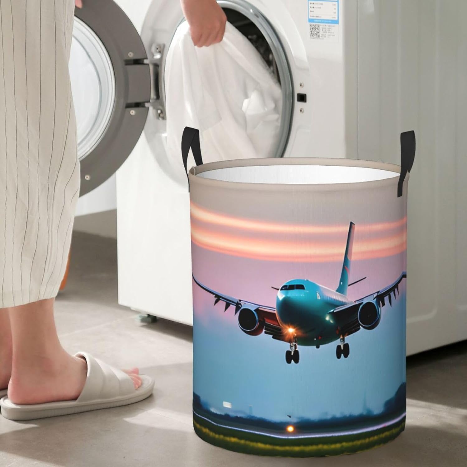 Airplane In The Evening Lights Circular Hamper - Dirty Clothes Storage Bucket Hamper For Organizing Laundry And Bedroom Storage