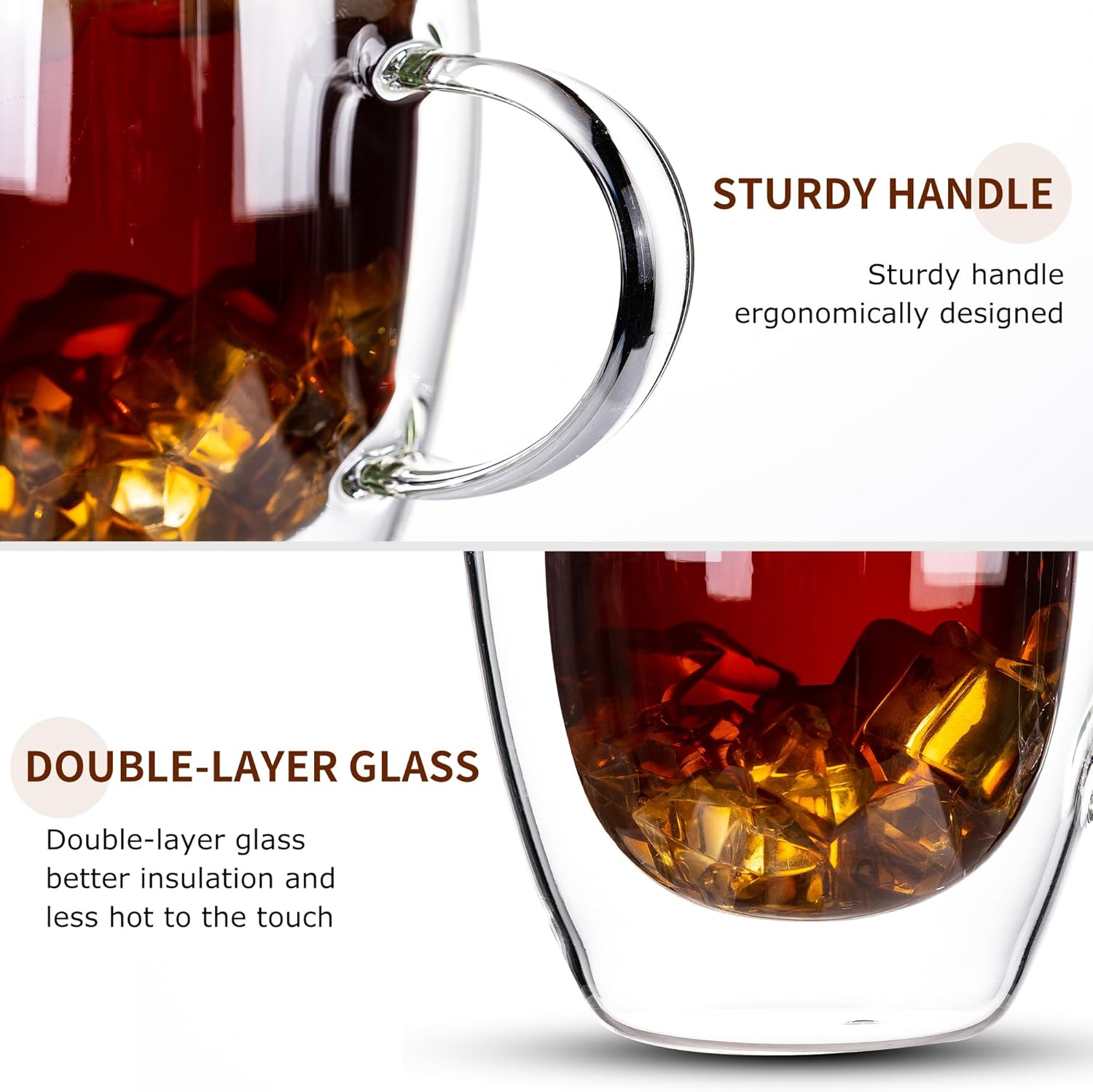 Double Wall Glass Coffee Mugs Set, Set Of 2 Glass Cup with 2 Gold Spoons, Clear Coffee Mug 12oz for Cappuccino, Latte, Milk, Tea, Hot and Cold Beverages, Housewarming Wedding Present Gifts