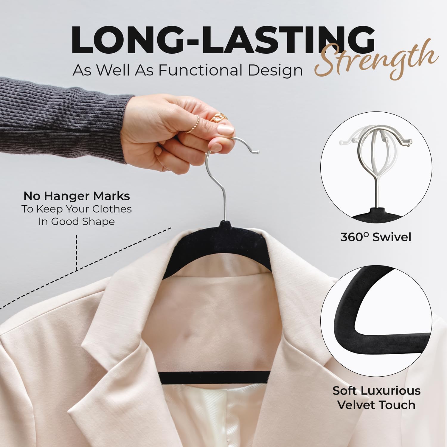 100 Pack Velvet Hanger for Shirt Pants Dresses Skirts Suits Jackets - Slim Space Saving Design - Standard Coat Hanger - Sturdy & Durable Design with Shoulder Grooves Hook - Image 4