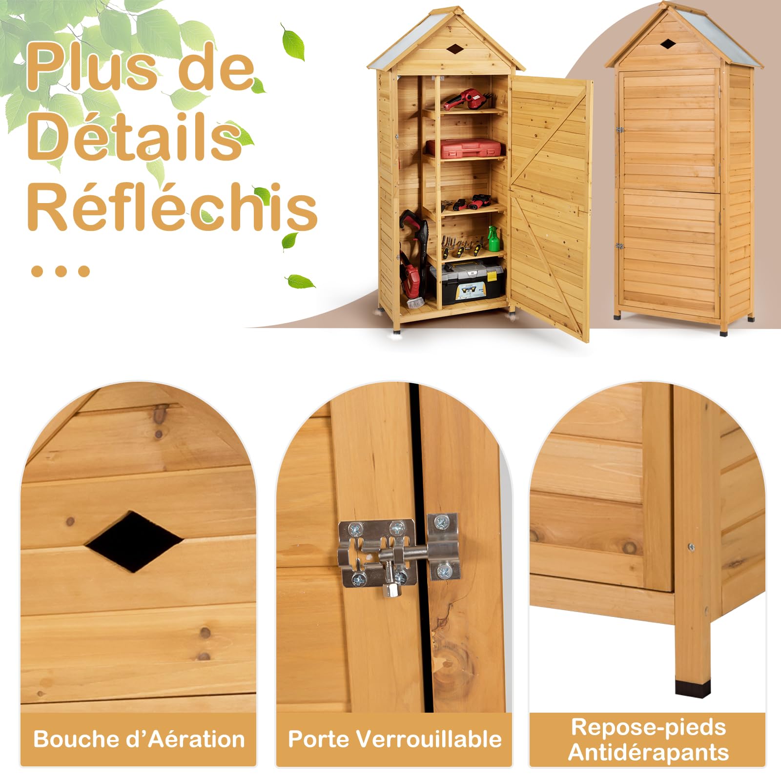 GOPLUS Abri de Jardin en Bois de Sapin 5 Étagère avec Porte Verrouillable, 70 x 45 x 160 CM, Cabane de Jardin Extérieur pour Outils, Toit Galvanisée Imperméable, Pieds Surélevé pour Terrasse, Naturel