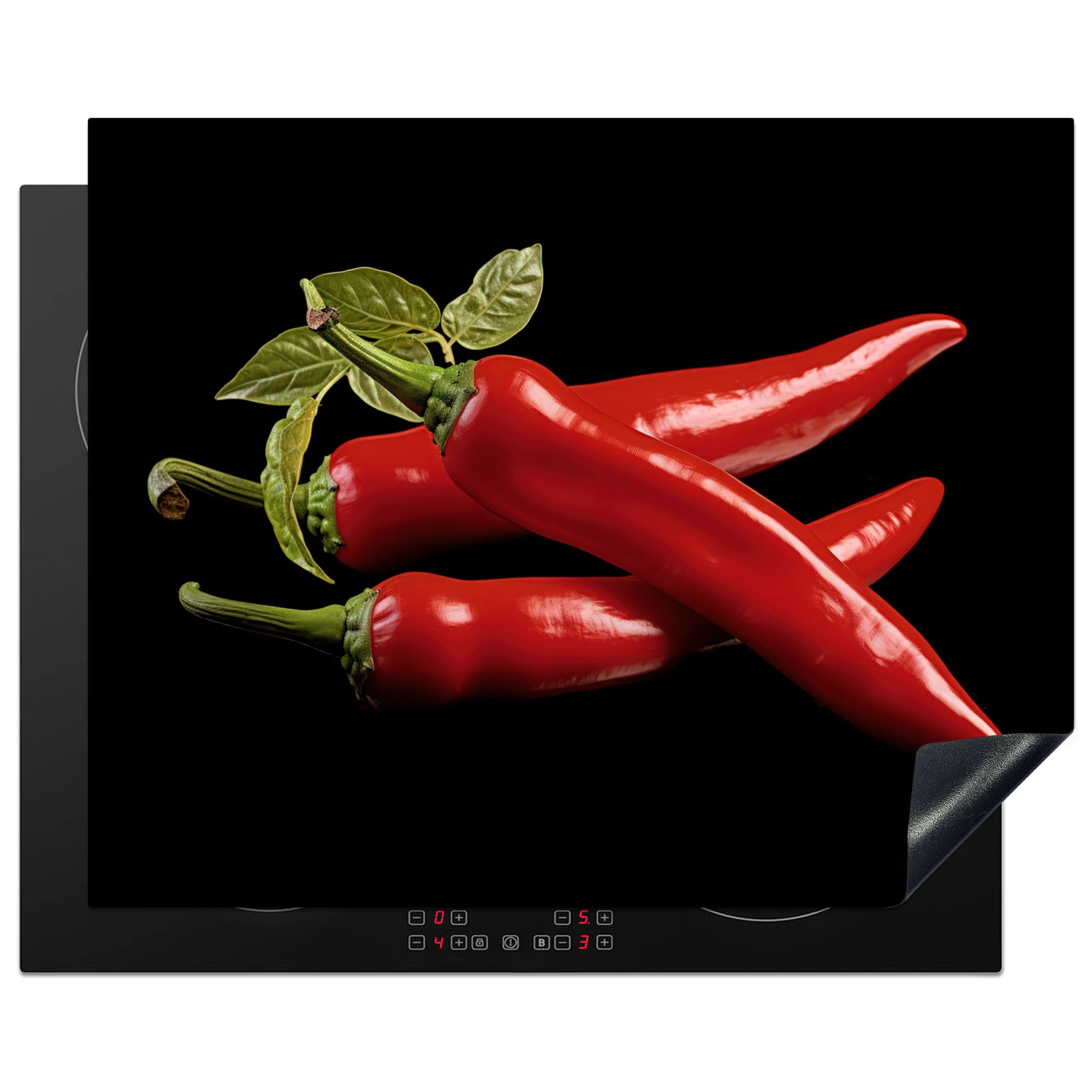 KitchenYeah© Induction Hob Protector Mat 20.5"x25.6" / 65x52 cm Cooker Top Protectors Cover Ceramic Covers Electric Hobs Vinyl Red Pepper - Red - Herbs - Spices - Black