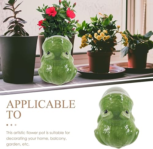 Miniatura 6 de HOMSFOU Linda maceta de cerámica con forma de rana para decoración de interiores, maceta de dibujos animados para regalo para amantes de las plantas