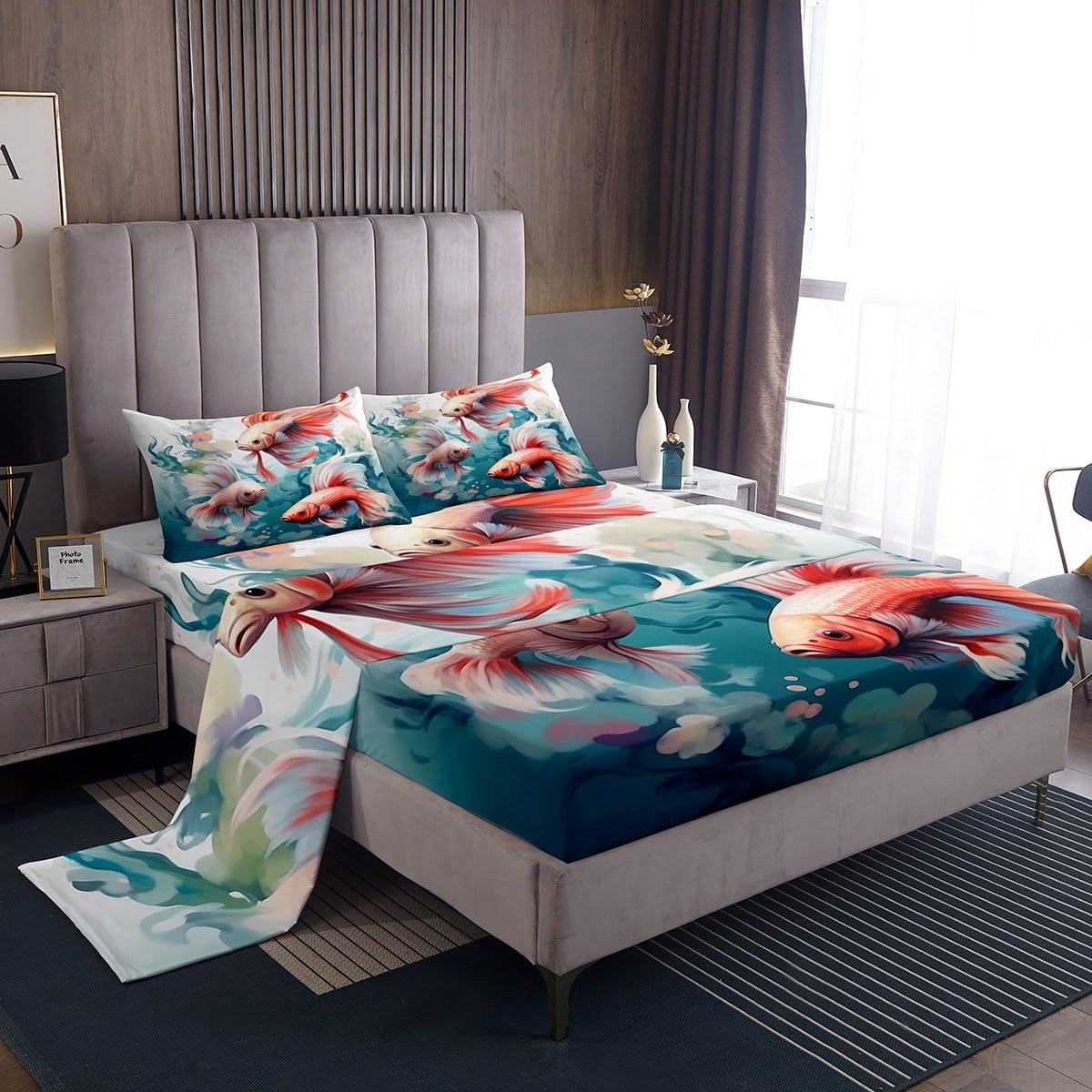 Betta Fish Fitted Sheet Set Full Size 4 Pcs,Tropical Fish Watercolor Ocean Animal Sheets,Undersea Coral Seaweed Marine Life Bedding Sets (1 Fitted,1 Flat,2 Pillows) Deep Pocket Bed Sheets