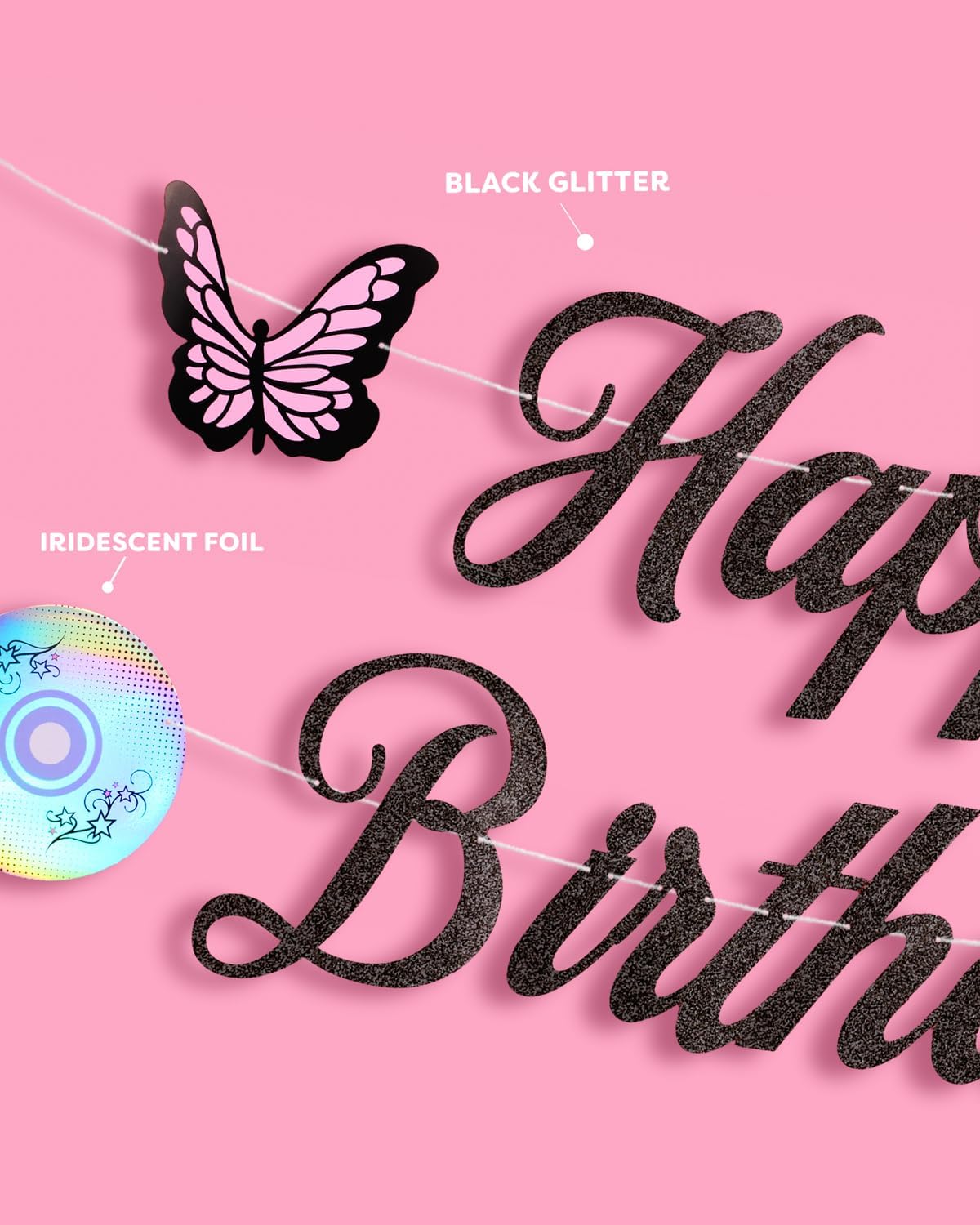 xo, Fetti Y2K Birthday Banner - 4.5' | Early 2000s Birthday, Decorations, Butterfly Party, Black, Glitter, Retro, 90s, CD Decor