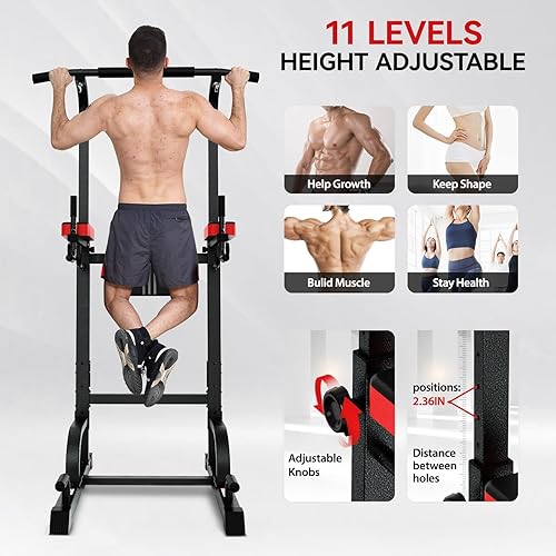 Miniatura 2 de Pooboo Power Tower - Barra de dominadas para entrenamiento de gimnasio en casa, multifunción, altura ajustable, equipo de ejercicio de entrenamiento