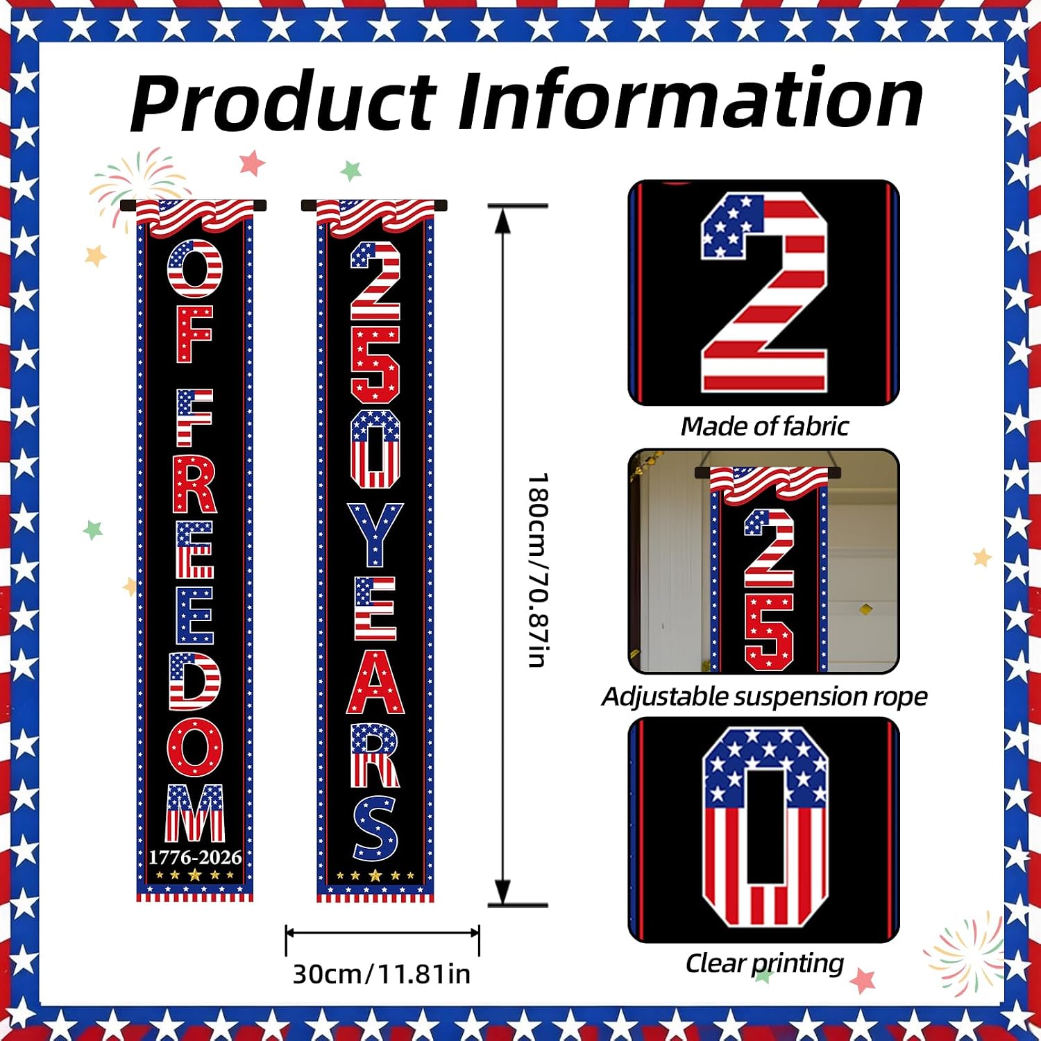 250 Anniversary Banner Decorations, 2 Pcs USA 250th Anniversary Porch Banner for Party Decor, 1776-2026 Patriotic Porch Signs for Home Photo Backdrop Supplies
