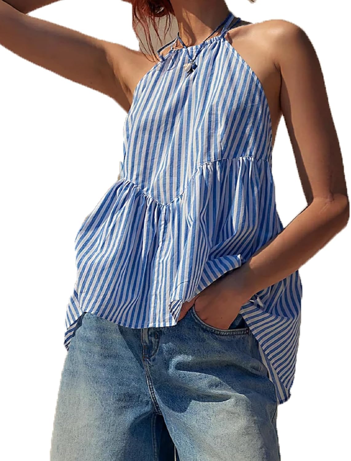 NUFIWI Sexy Stripe Peplum Halter Top Sleeveless Open Back Striped Camisole Tie Neck Ruffled A Line Cami Tank Tops