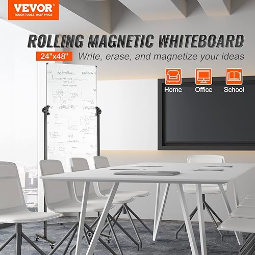 Miniatura 2 de VEVOR Pizarra blanca magnética rodante, pizarra blanca móvil de doble cara de 24 x 48 pulgadas, pizarra de borrado en seco reversible de 360 de