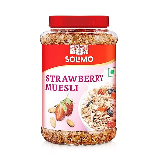 Amazon Brand Solimo Strawberry Muesli 1 kg Jar | 76.58% of Dry Fruits, Nuts and Multigrains | Source of Fiber | Loaded with Strawberries