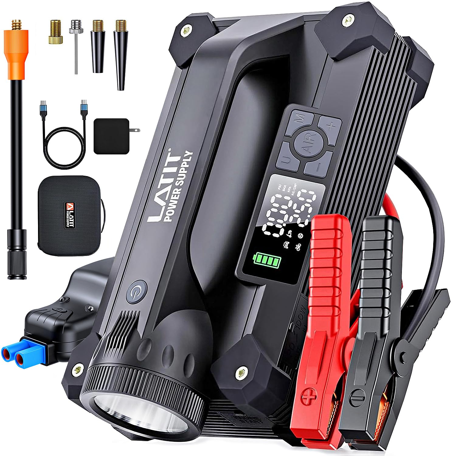 LATIT 6000A Jump Starter with Air Compressor 150PSI 65W Charger, 12V Car Battery Jumper Starter Pack Portable(10L Gas/8L Diesel), 28000mah Jump Box with LCD Display, Jumper Cables, Lights 2000LM