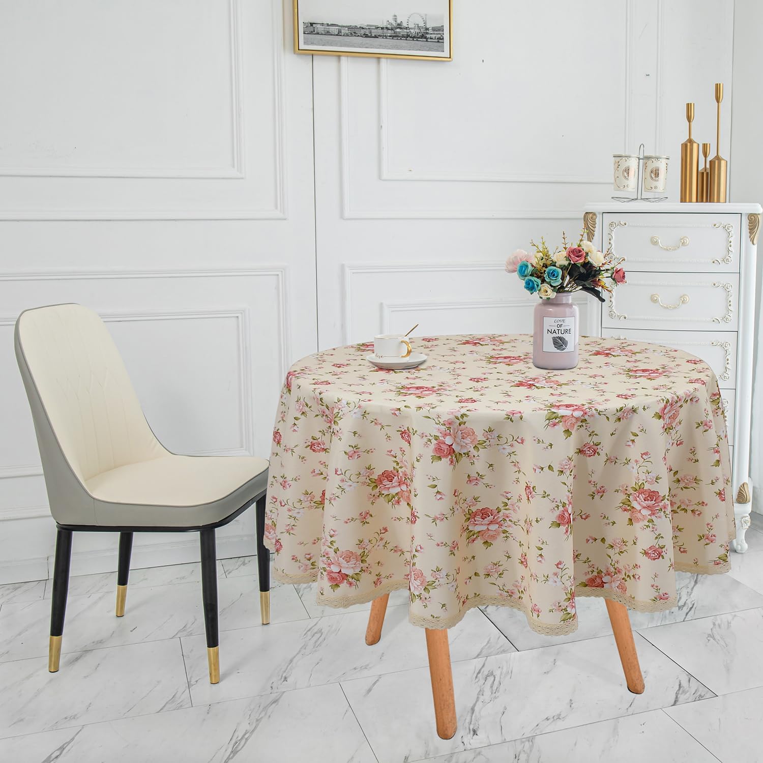 Floral Print Round Tablecloth 70 Inch Stain Resistant and Waterproof Wine Table Cover for Kitchen Dining Indoor Outdoor Buffet Tabletop Decoration (Beige Background & Red Rose)