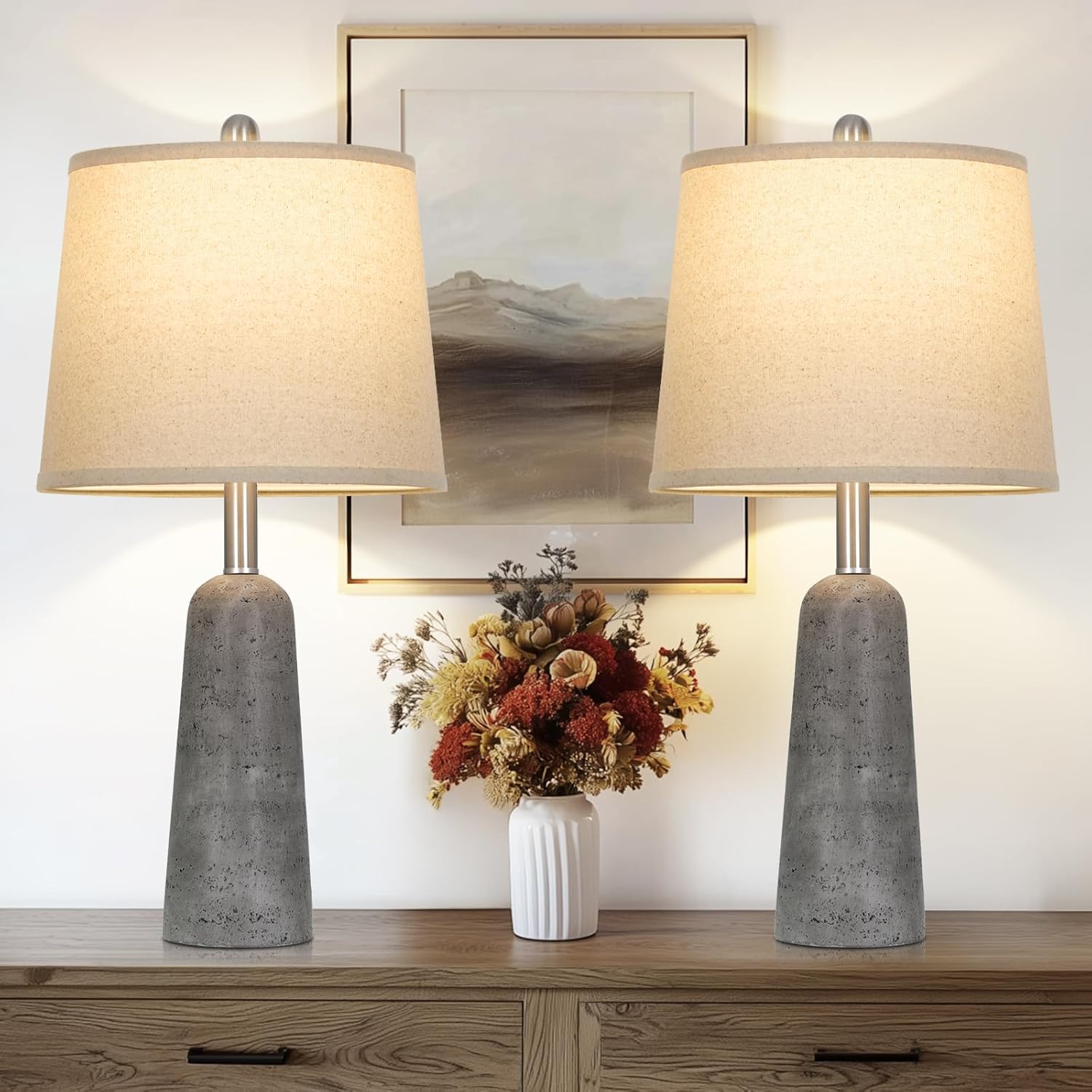 24" Travertine Inspired Table Lamps Set of 2, Modern Minimalist Concrete Bedside Lamps for Bedroom Nightstand, Faux Stone Table Lamps for Living Room End Table, Beige (2 LED Bulbs Included)