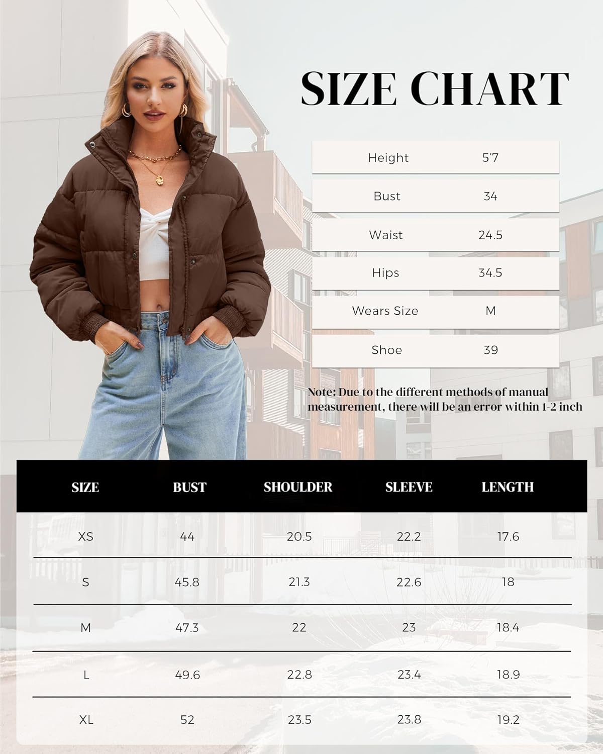 Women's Cropped Puffer Jacket Long Sleeve Puffy Coat Winter Quilted Lightweight Jacket with Pockets Brown M - Image 6
