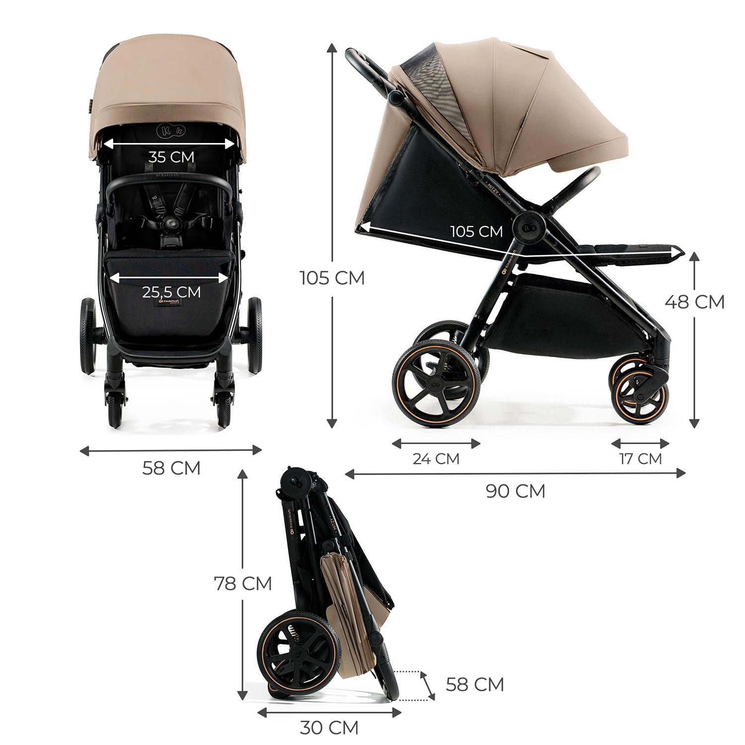 Kinderkraft MITZY Buggy fino a 22 kg, Passeggino Reclinabile, Carrozzina, Leggero, Facilmente Pieghevole, Schienale e Poggiapiedi Regolabili, Posizione Sdraiata, Ideale per I Viaggi, Beige