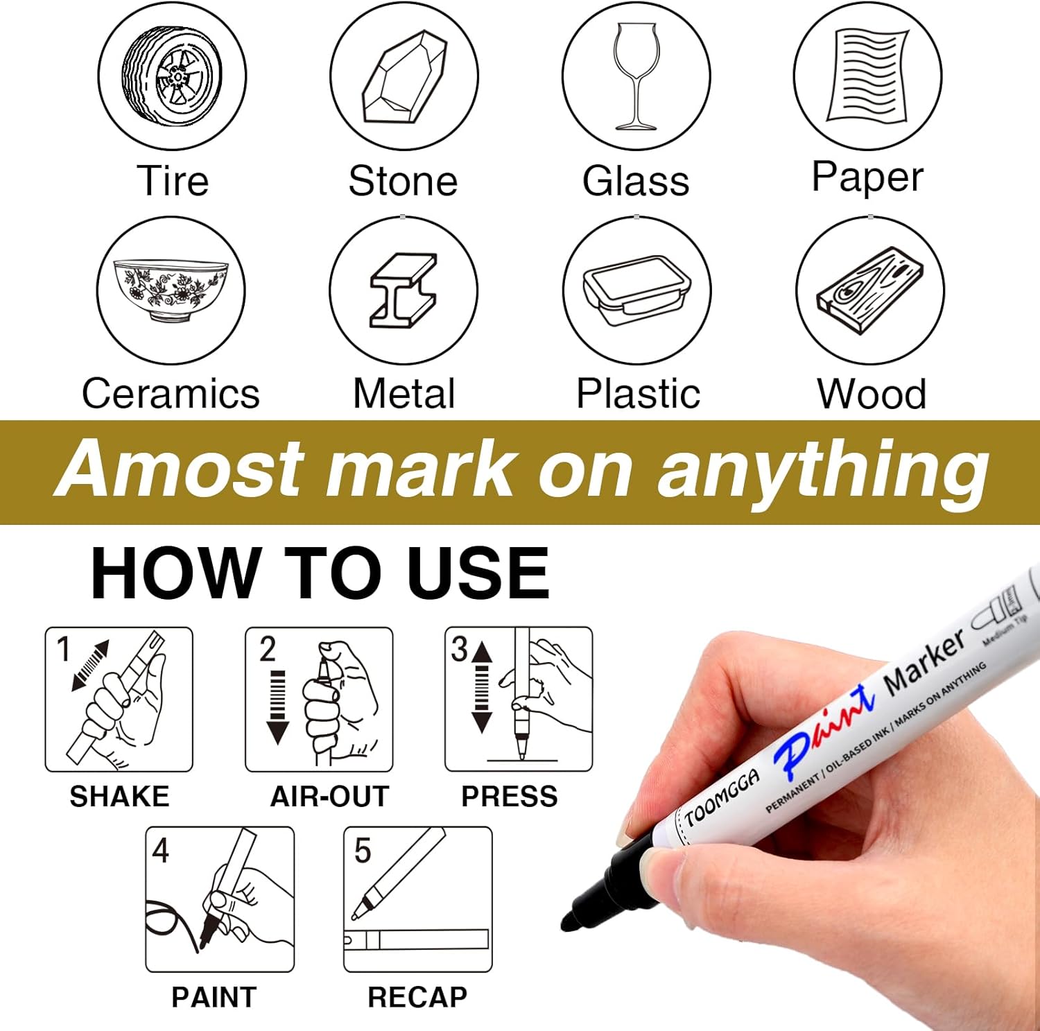 White and Black Permanent Markers Paint Pens - 8 Pack Oil Based Paint Markers, Medium Tip, Quick Drying Pens for Wood, Metal, Rock Painting, Mugs, Canvas, Clothes, Plastic Marking - Image 5