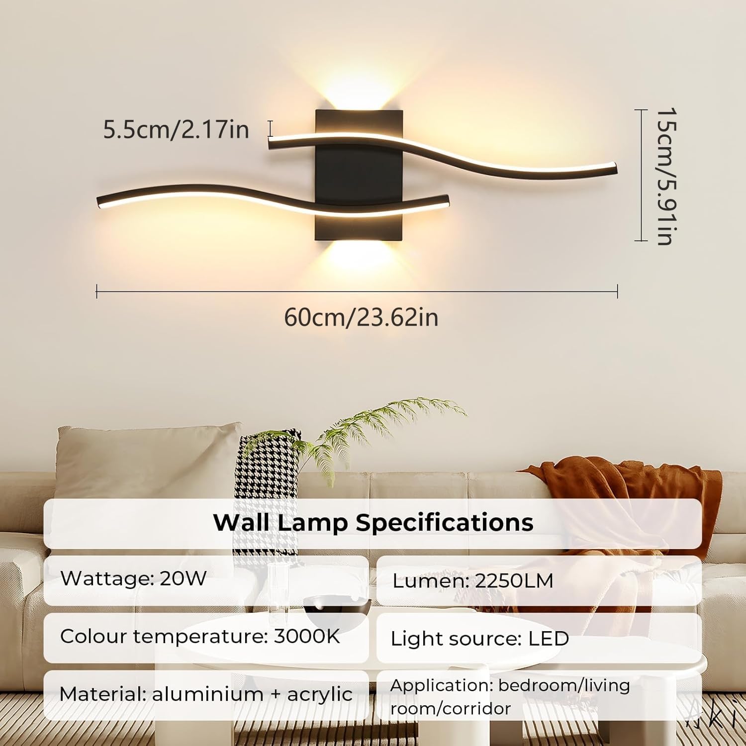 Comely Applique da Parete Interno Moderna, 20W 2250LM Nero Lungo Lampada da Parete LED, Lampada a Muro in Alluminio per Soggiorno Camera da Letto Corridoio, Bianco Caldo 3000K