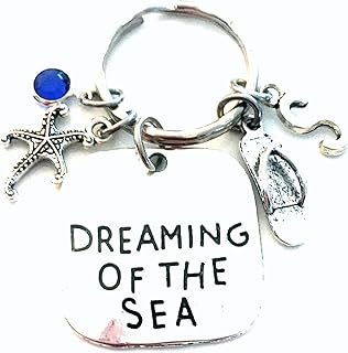 Dreaming of the Sea Keychain, Starfish and Flip Flop Key Chain, Beach Theme Gift for Daughter, Best Friend Keyring, Purse Charm Niece, Granddaughter, Goddaugher, Bridal Wedding Party initial birthstone
