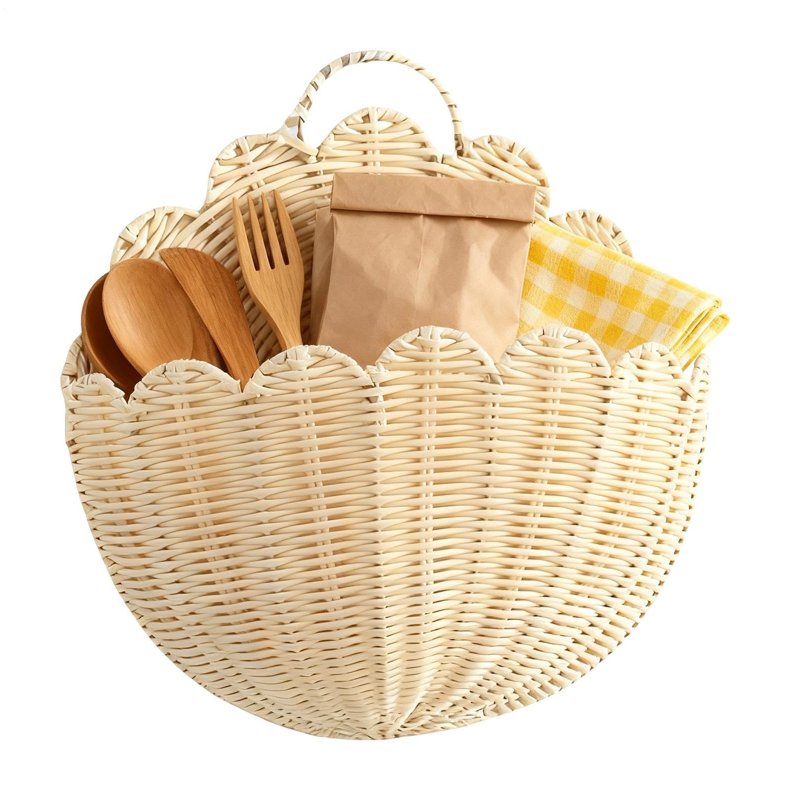 Wicker Storage Basket - Handmade Rattan Hanging Basket, Decorative Storage Organizer | Rustic Woven Fan Shaped Wall Baskets for Living Room Bathroom Kitchen