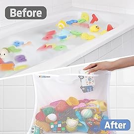 2 x Large Bath Toy Holder, Kids Bath Tub Toy Basket, Corner Mesh Bag, Baby Bathtub Storage Organizer, Bathroom Net Bucket, Toddler Shower Caddy Hanging Bin with 6 Suction Cups, 4 Adhesive Wall Hooks