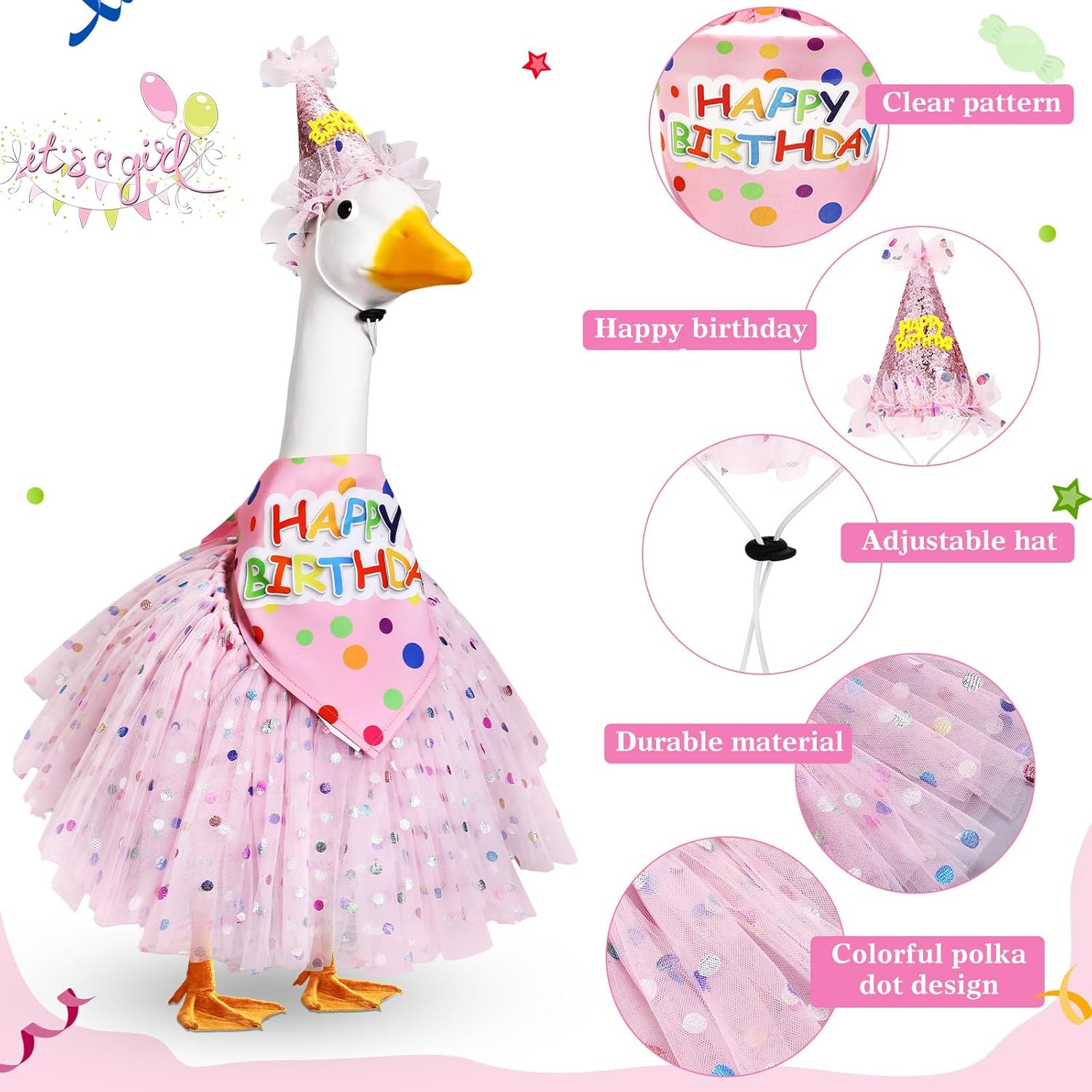 3 Pcs Birthday Porch Goose Outfit for 23" /17" Cement Lawn Goose Clothes Happy Birthday Hat and Tutu Skirt Bandana(Pink) - Image 3