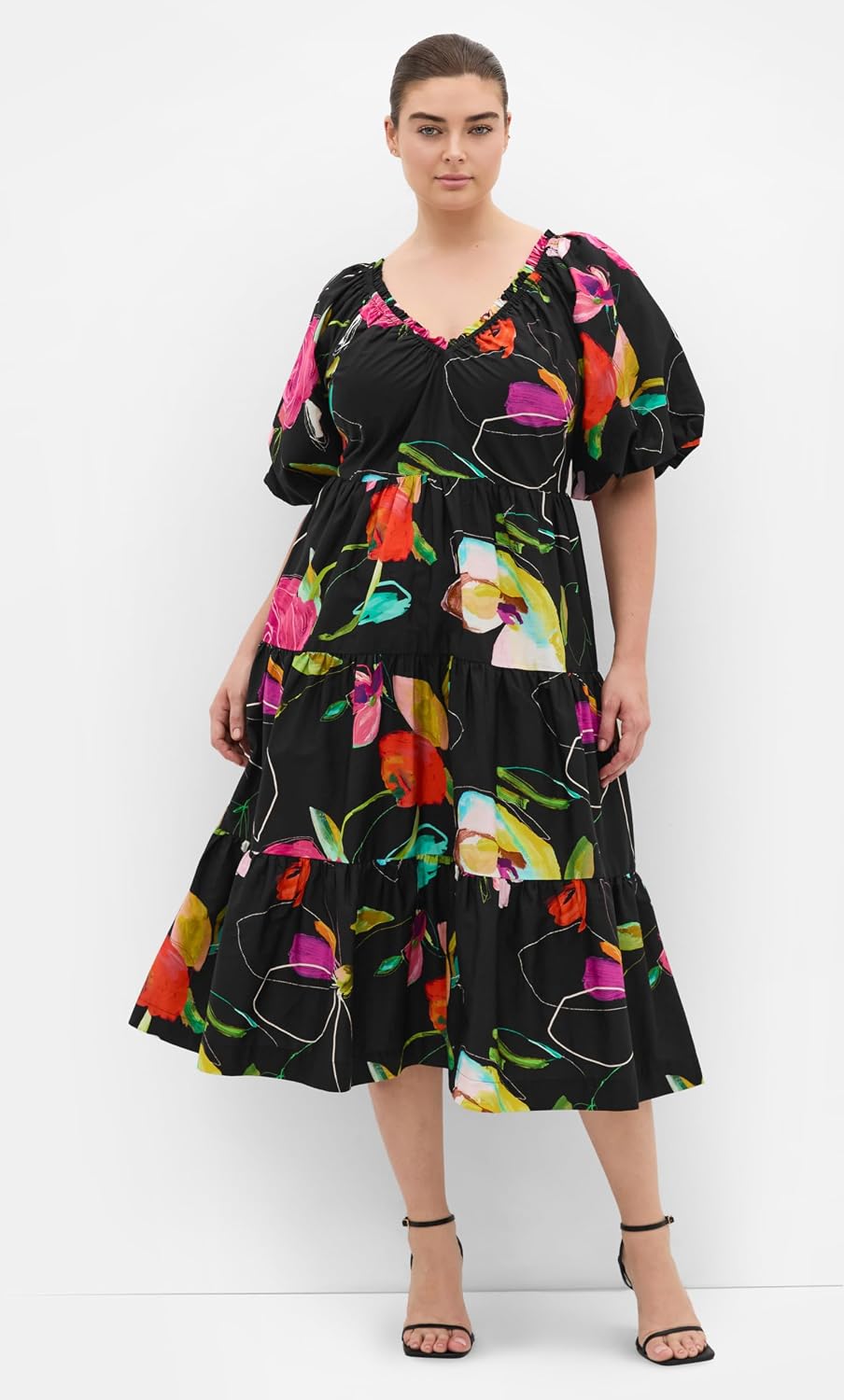 City Chic Plus Size Dress - Fantasy Print Puff Sleeve Midi