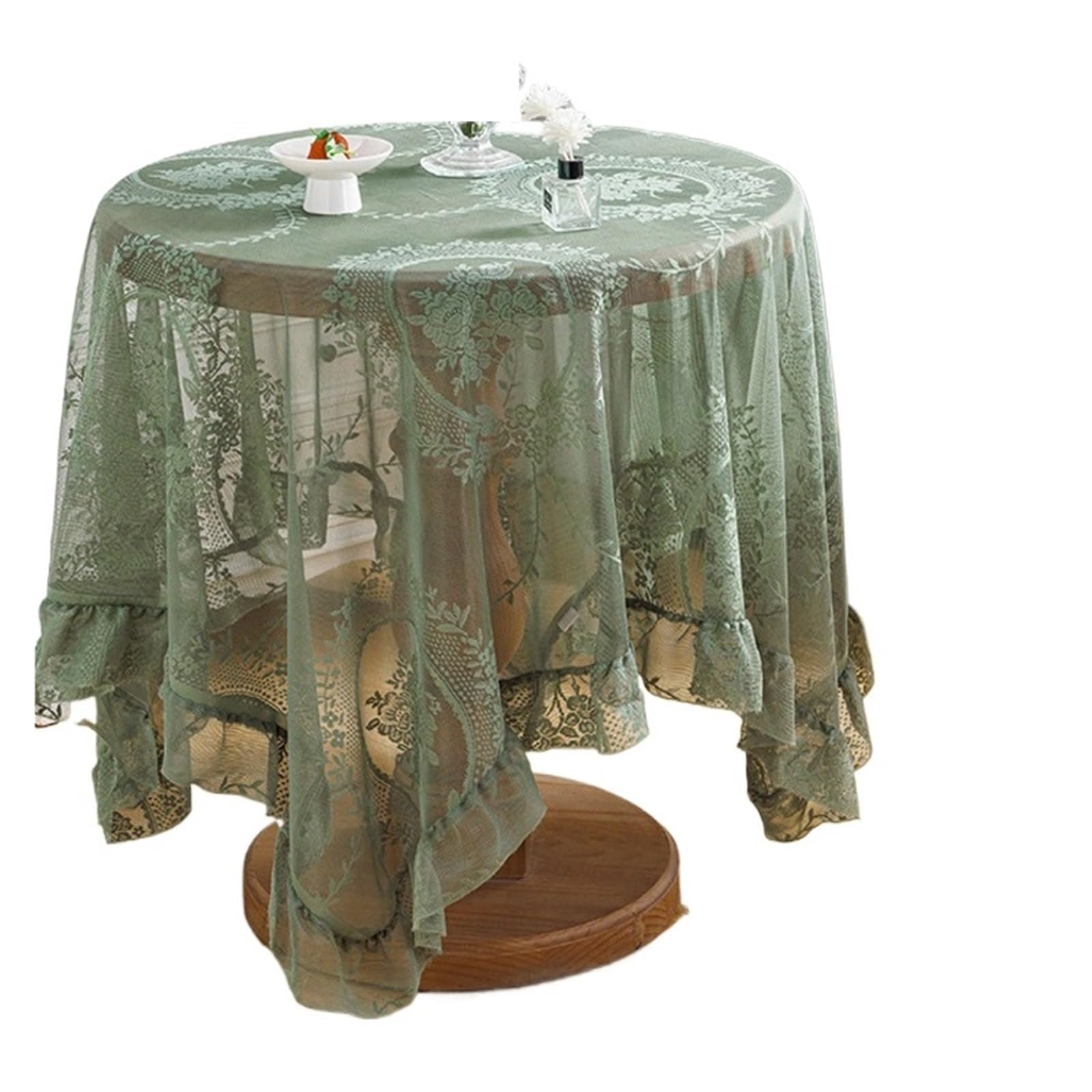 VOLURE Vintage Lace Tablecloth, Ruffle Jacquard Lace Tablecloth Green White 140x100-240cm Wedding Party(Green,140x240cm)