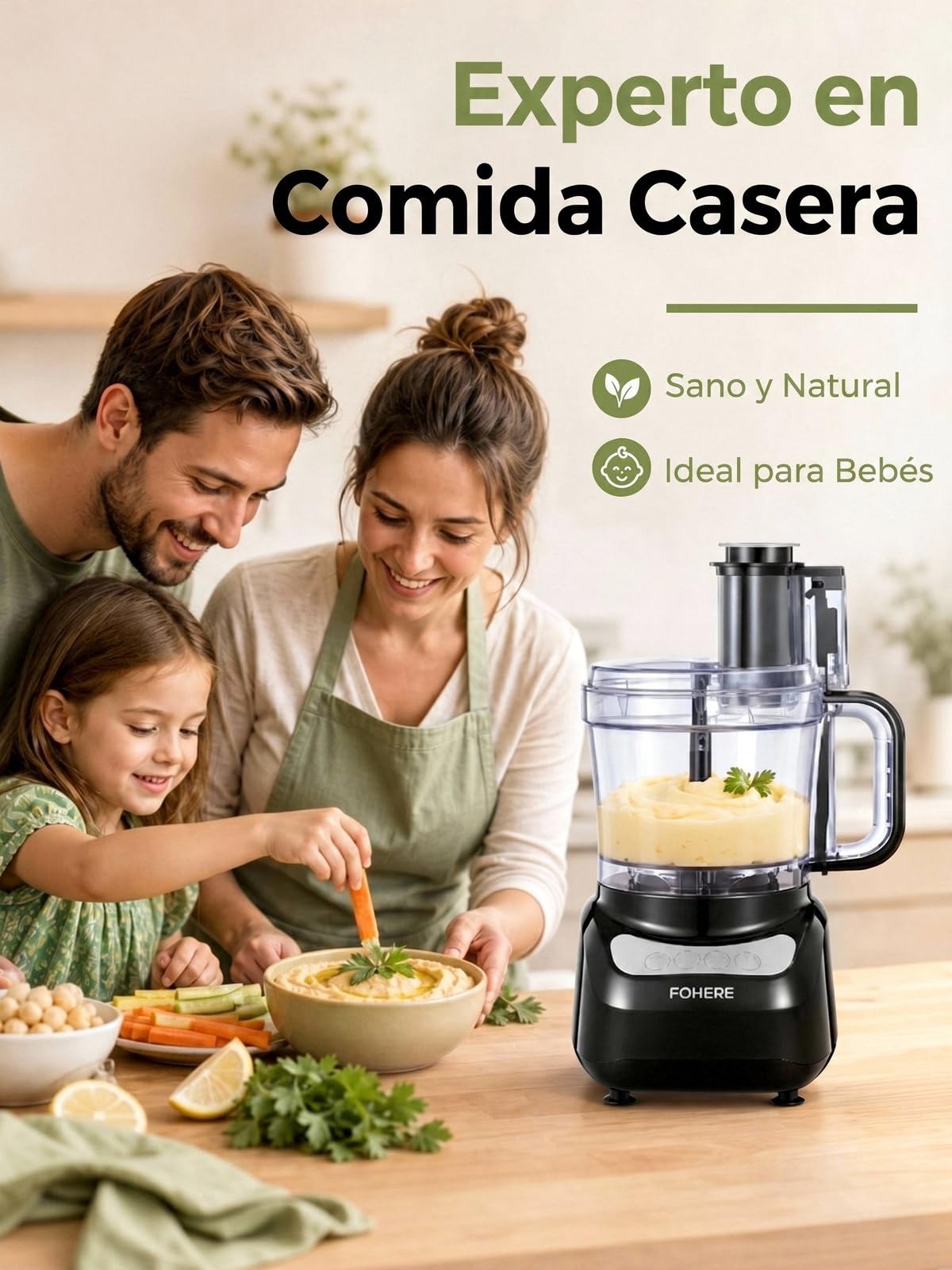 Robot de Cocina 2,3 L, Boca de Alimentación Grande 2 en 1 | Procesador de Alimentos 3 Vel. , Acero Inoxidable, Picar, Rallar, Hacer Puré, Amasar, fácil de limpiar para uso doméstic