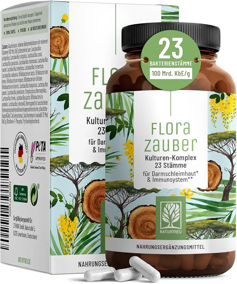 Darmbakterien im Überblick 3 NATURTREU® Florazauber Kulturen Komplex magensaftresistent & vegan - 23 Bakterienstämme ohne Inulin - Komplex u.a. mit Lactobacillus & Bifidobakterien, 60 Kapseln