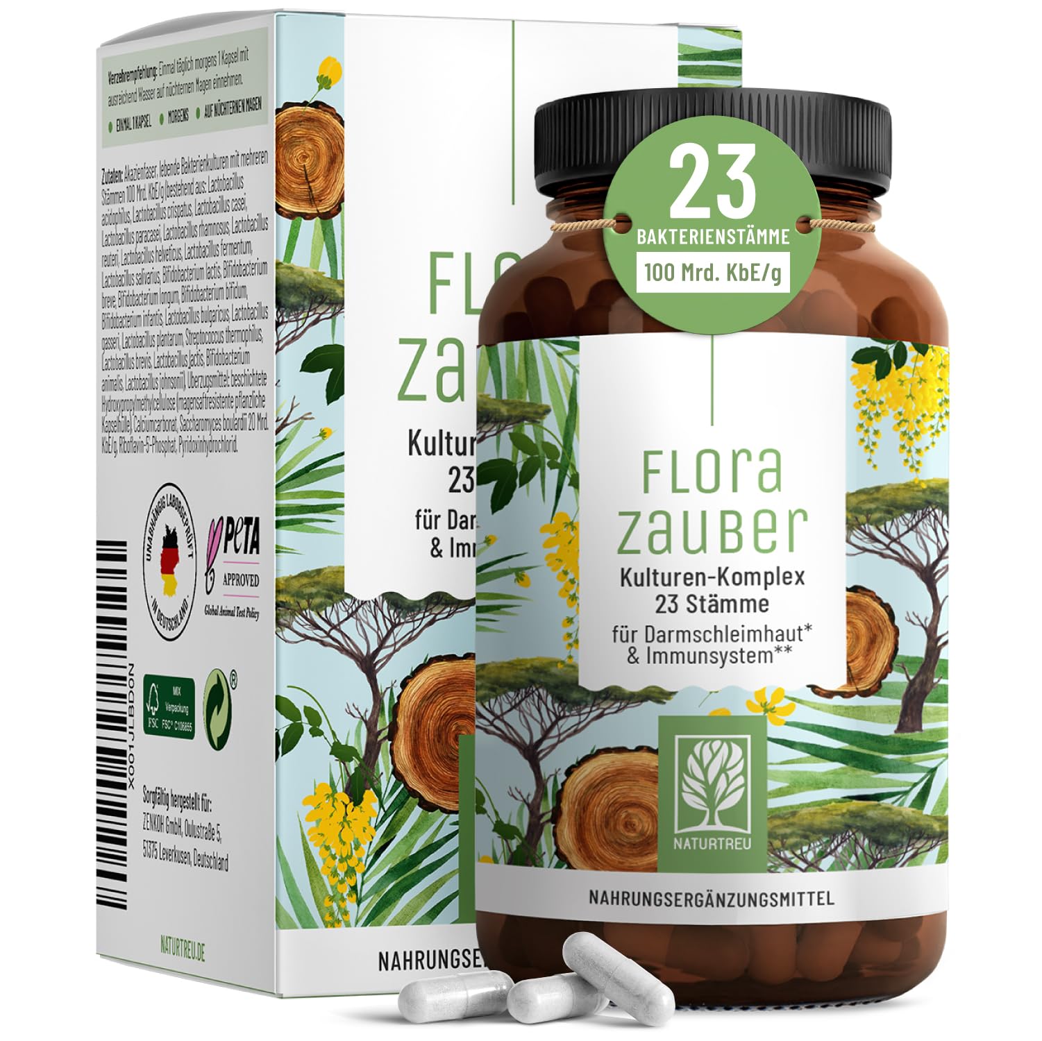 NATURTREU® Florazauber Kulturen Komplex magensaftresistent & vegan - 23 Bakterienstämme ohne Inulin - Komplex u.a. mit Lactobacillus & Bifidobakterien, 60 Kapseln