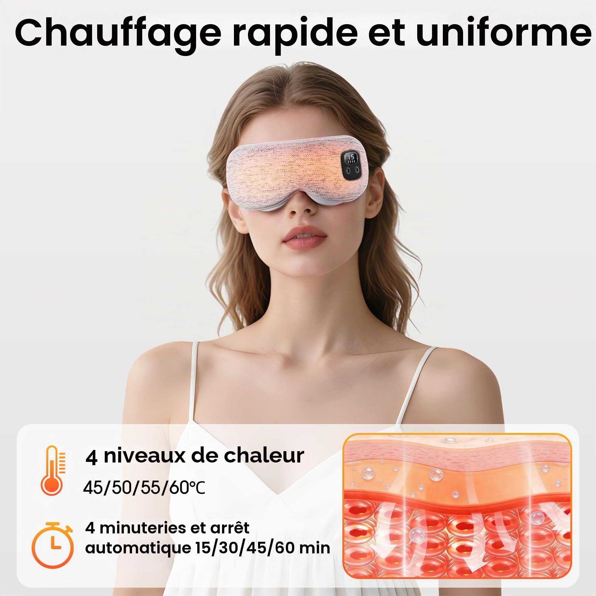 Masque chauffant BOYUNSHI sans fil pour les yeux secs, traitement de la blépharite, soulagement des yeux, améliore le sommeil, 4 niveaux de chaleur et 4 minuteries, coussin chauffant lavable pour les